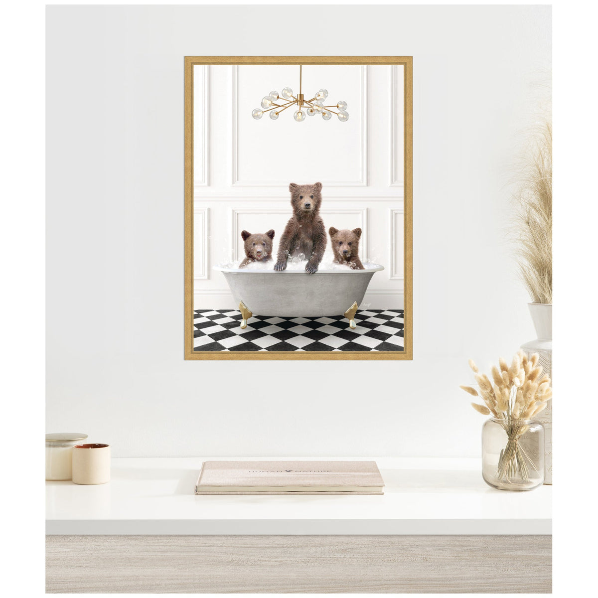 Sylvie Three Bears in Gray Bathtub on Checker Floor Framed Canvas by Amy Peterson
