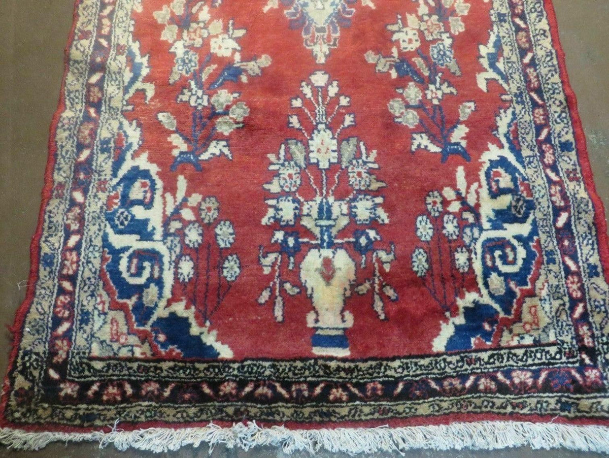 Persian Runner Rug 3 x 12, Antique Wool Oriental Runner, Floral Vases, Red & Navy Blue - Jewel Rugs, view 5