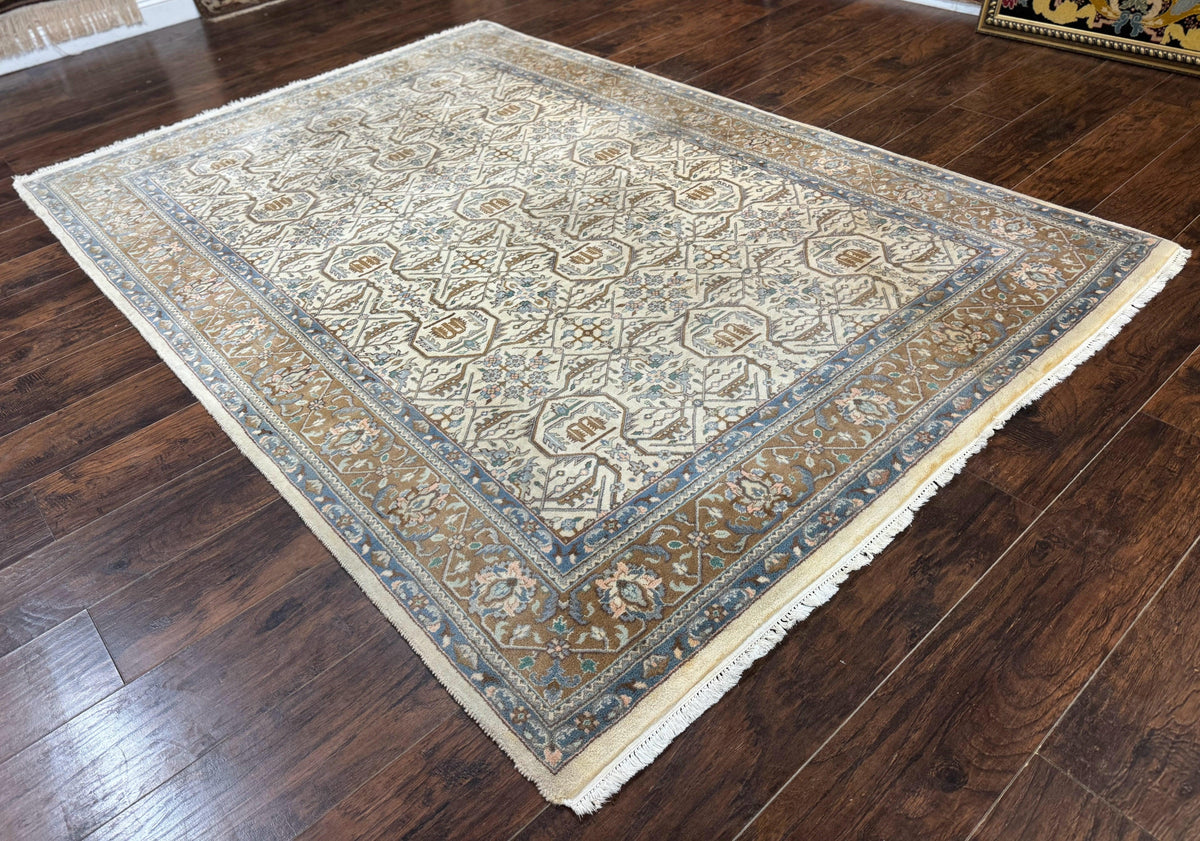 Indo Persian Rug 6x9, Beige, Allover Pattern, Vintage Wool Oriental Carpet - Jewel Rugs, view 13