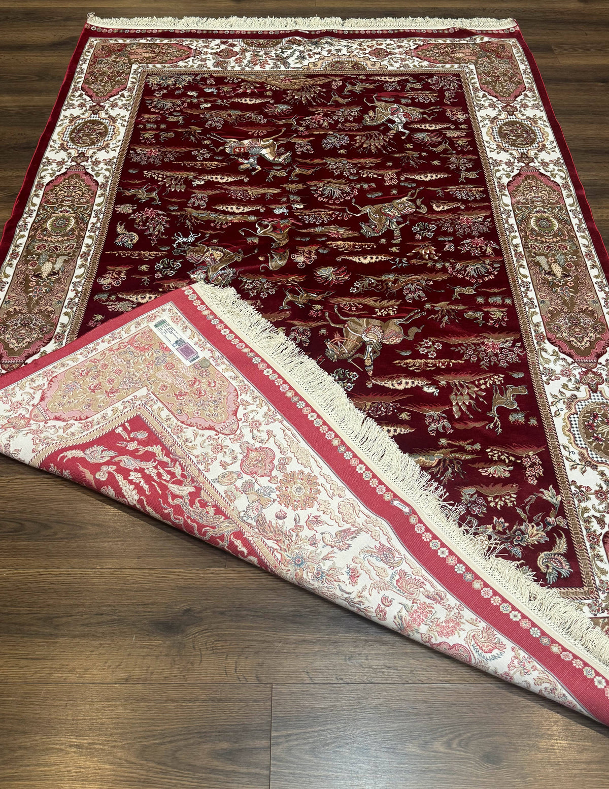 Turkish Silk Hunting Scene Rug 5 x 7.6, Red & Ivory, Bamboo Silk, New - Jewel Rugs, view 11
