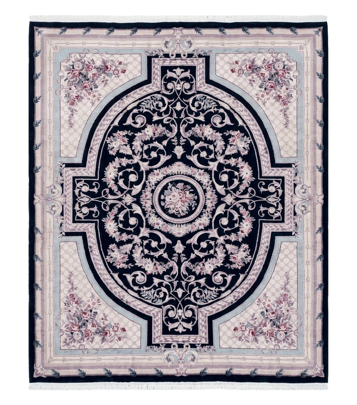8x10 Aubusson Rug, Fine Hand Knotted Wool Carpet, French European Design, Black & Ivory - Jewel Rugs