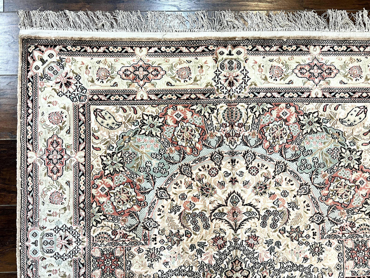 Silk Indian Kashmiri Rug 4x6, Handmade, Ivory, Fine 240 KPSI - Jewel Rugs, view 6