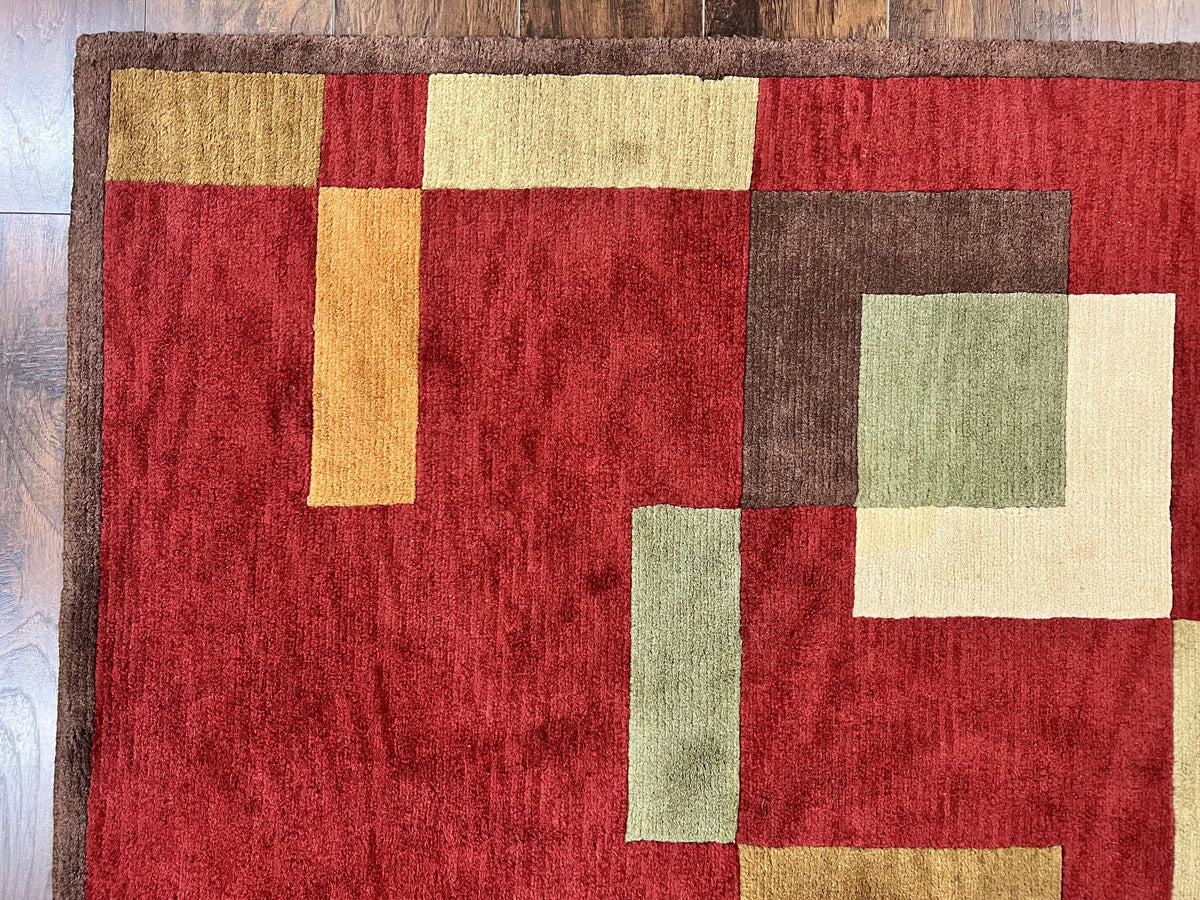 Indo Tibetan Modern Rug 5x8, Abstract Rug 5 x 8 ft, Red Multicolor Wool Handmade Contemporary Area Rug - Jewel Rugs, view 7