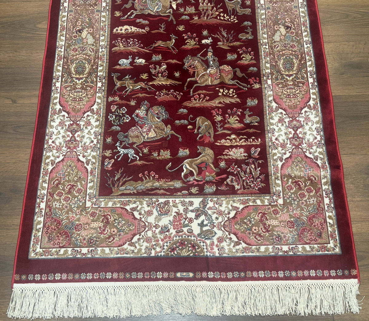 Turkish Silk Rug 3x5, Hunting Design, Dark Red & Ivory, Bamboo Silk, New - Jewel Rugs, view 6