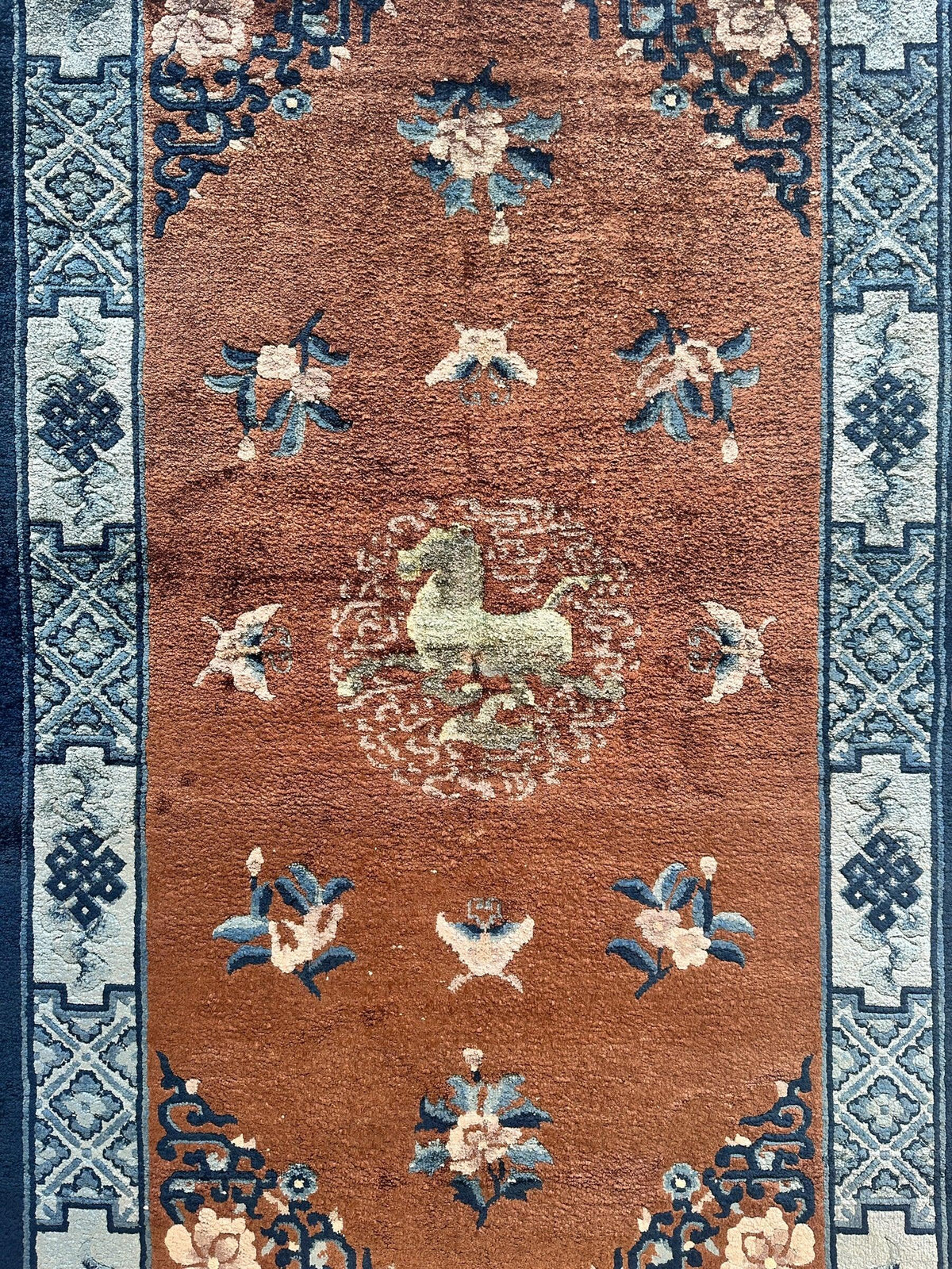 Chinese Rug 3x5 | Rust, Navy & Light Blue | Hand-Knotted Silk - Rugistan, view 4
