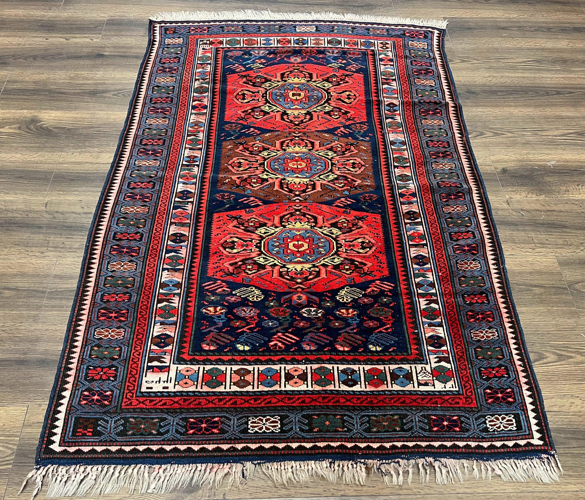 Antique Caucasian Seychour Rug 3.7 x 5.5, Collectible Oriental Carpet, Navy Blue and Red, Fine Kuba Rug, Vintage Rug, Wool Hand Knotted Rug - Jewel Rugs, view 2