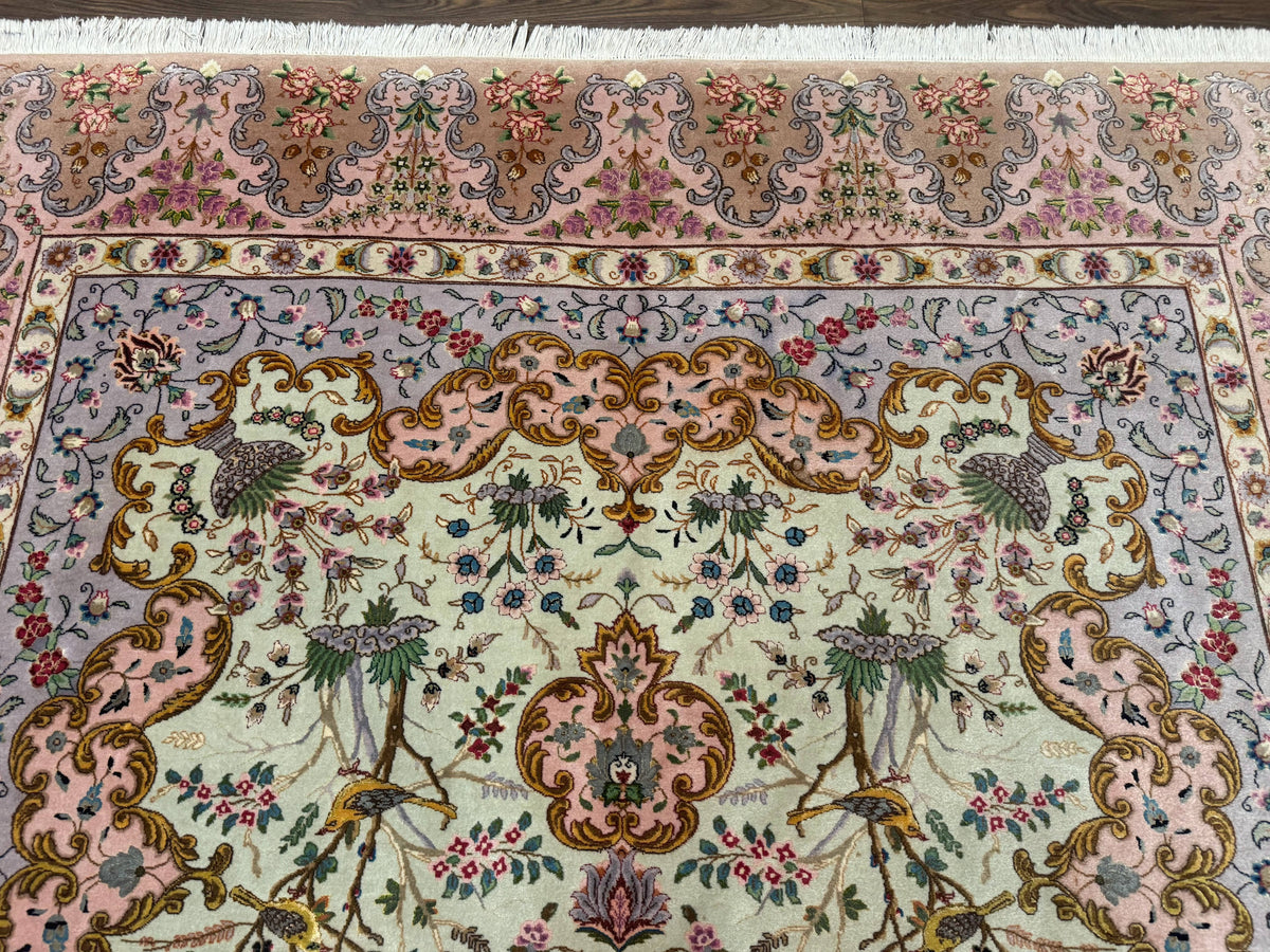 Wonderful Persian Tabriz Rug 7x10, Very Fine 330 KPSI, Light Green Light Blue Pink, Kork Wool Silk Foundation, Bird Pictorials - Jewel Rugs, view 4