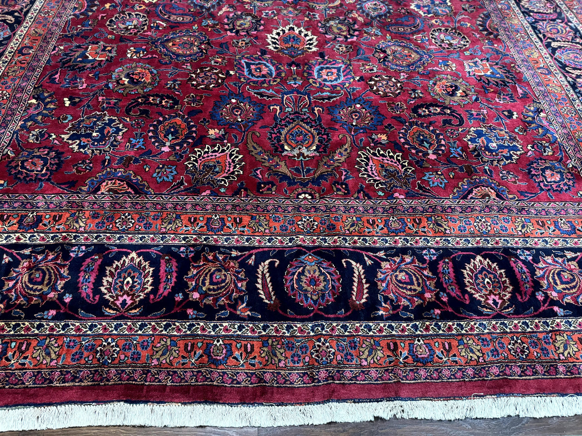 Palace Size Persian Mashad Rug 12x16, Raspberry and Navy Blue, Signature from Master Weaver, Antique Handmade Large Wool Carpet - Jewel Rugs, view 5