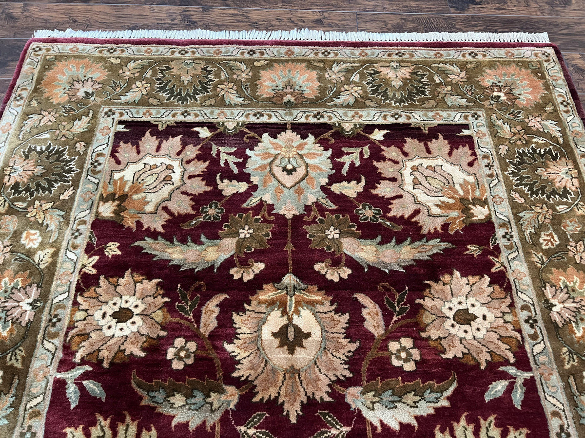 Indo Mahal Rug 6x9, Large Flowers Allover, Maroon and Green, Handmade Wool Area Rug, Vintage Rug, Indian Oriental Carpet, Hand Knotted Rug - Jewel Rugs, view 4