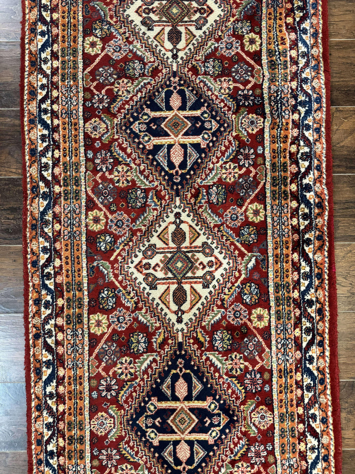 Antique Persian Qashqai Runner Rug 3 x 13 ft, Tribal Runner, Geometric Medallions, Red Ivory Blue, Wool - Jewel Rugs, view 8