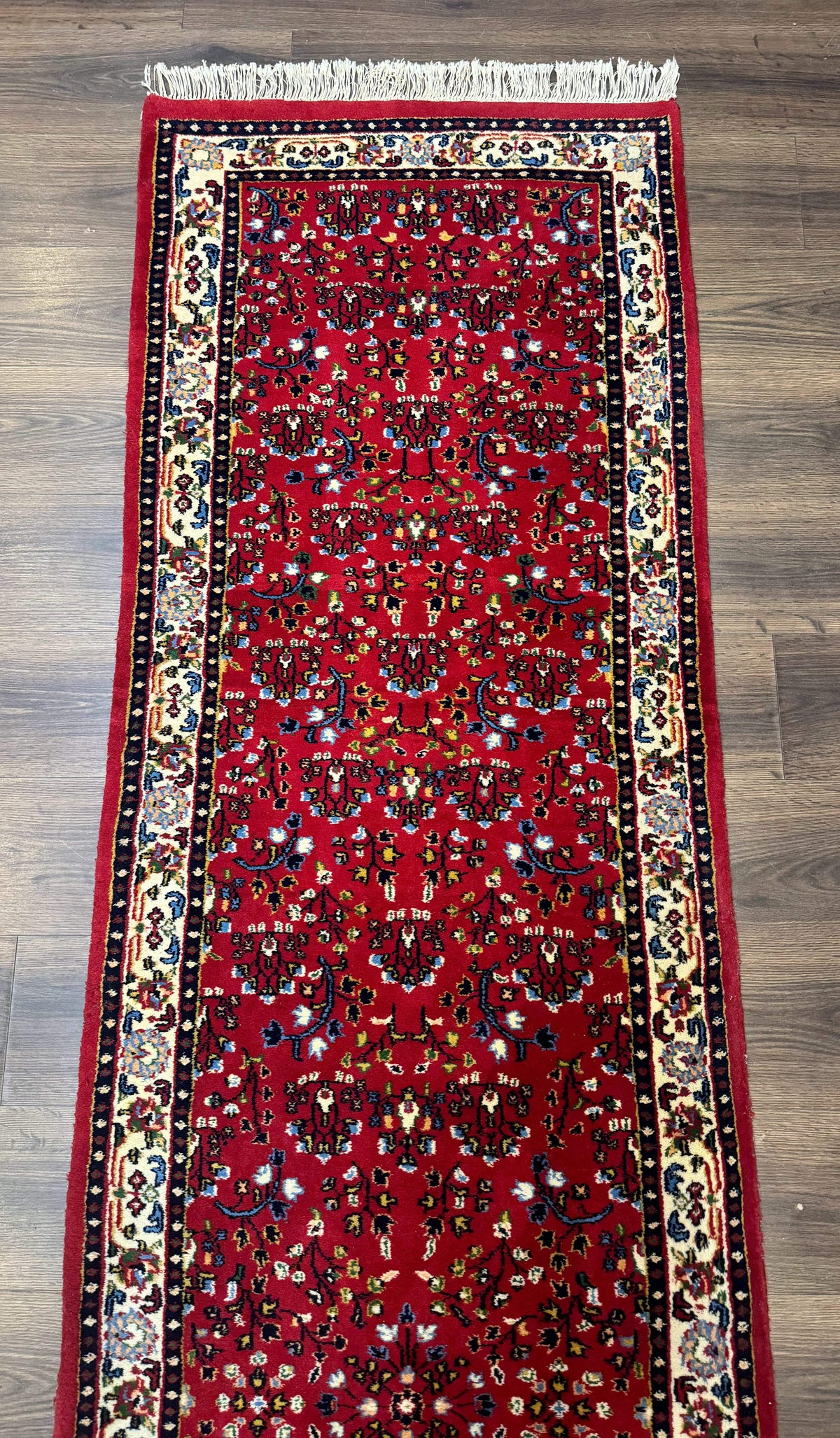 Indo Persian Sarouk Runner Rug 3 x 12, Red and Cream, Allover Pattern, 12ft Runner, Hand Knotted - Jewel Rugs, view 12