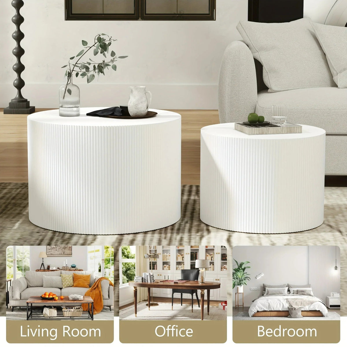 23.6" Vertical Grain Round Wooden Coffee Tables, Modern Nesting Coffee Table Set of 2, Indoor Side Table for S — House of Avana, view 2 of 24