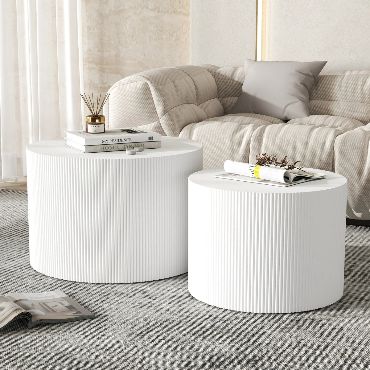 23.6" Vertical Grain Round Wooden Coffee Tables, Modern Nesting Coffee Table Set of 2, Indoor Side Table for S — House of Avana, view 1 of 24