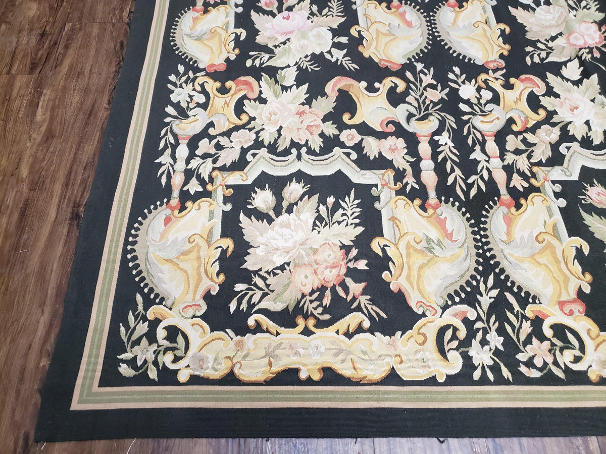 Vintage Black Aubusson Area Rug 8x10, Large Flowers Chinese Aubusson Carpet 7.9 x 10, Wool Hand-Knotted Floral Pattern Flat Weave Rug Nice - Jewel Rugs, view 9