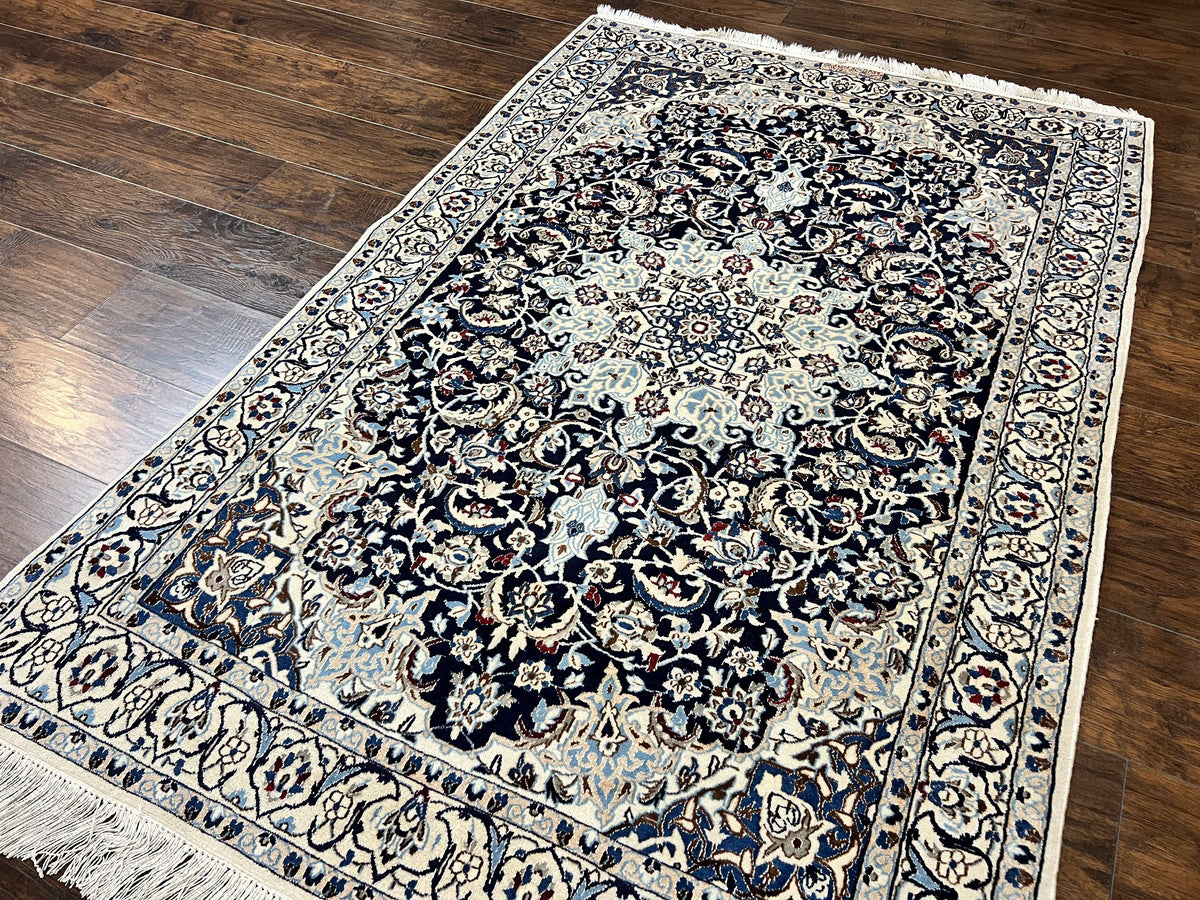 Persian Nain Rug 4x6, Floral, Hand Knotted Vintage Wool & Silk Highlights, Signature from Masterweaver, Navy Blue and Ivory - Jewel Rugs, view 3
