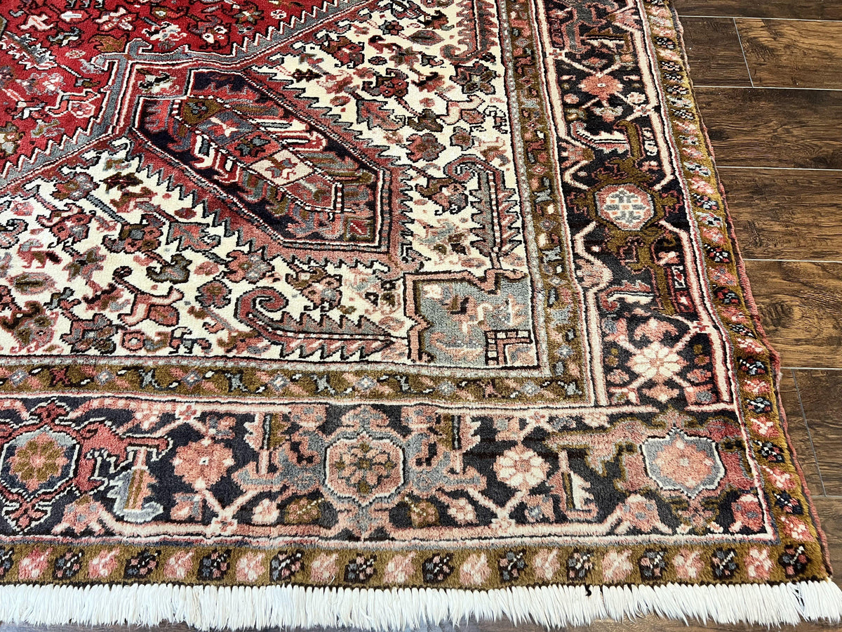 Large Persian Heriz Rug 10x13, Wool Hand Knotted Antique Carpet, Red and Ivory, Geometric Tribal Room Sized Rug, Decorative Oriental Rug - Jewel Rugs, view 10