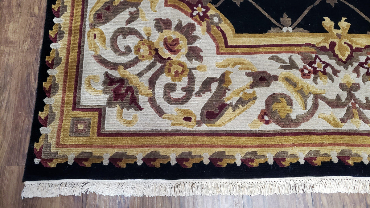 6x9 Nepalese Rug, Aubusson Savonnerie Area Rug 6 x 9 with Soft Pile, Hand-Knotted Wool Black & Beige Tibetan New Carpet European Design - Jewel Rugs, view 9