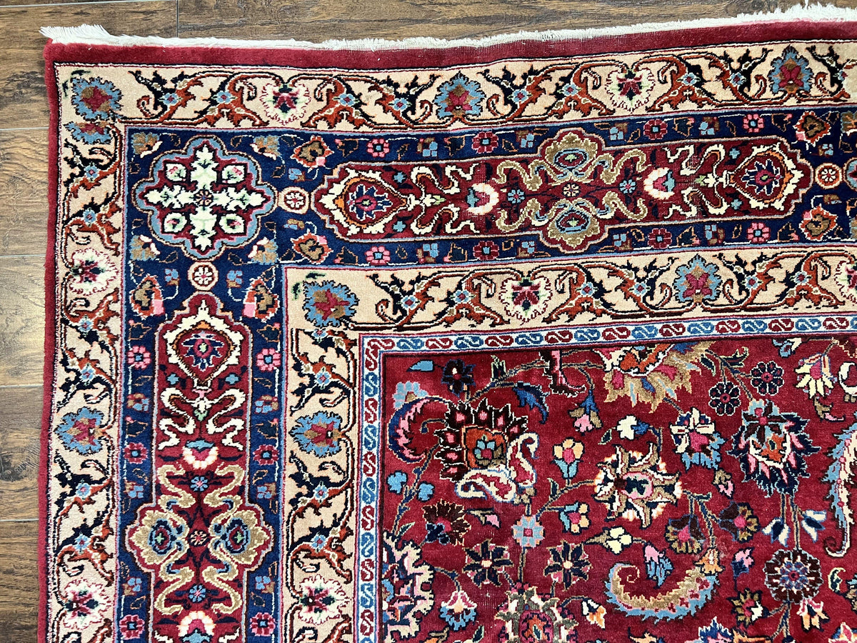 Signed Persian Mashad Rug 8x10, Wool Oriental Carpet, Semi Antique Rug, Hand Knotted, Traditional, Red, Floral Allover, - Jewel Rugs, view 6