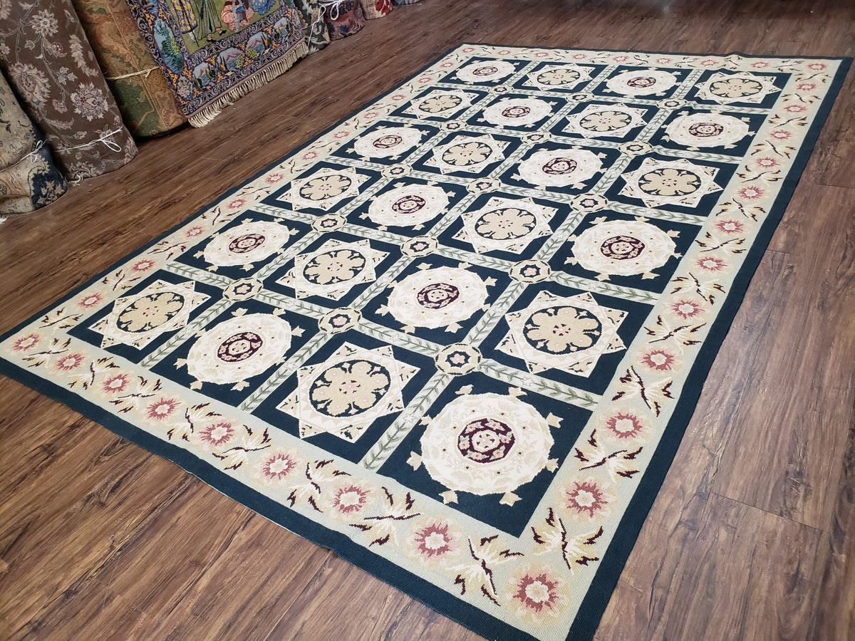 Vintage Chinese Needlepoint Rug 6x9, Panel Design Area Rug Wool Hand-Woven Black & Ivory Carpet Flat Weave Bedroom Rug 6 x 9 Living Room Rug - Jewel Rugs, view 3
