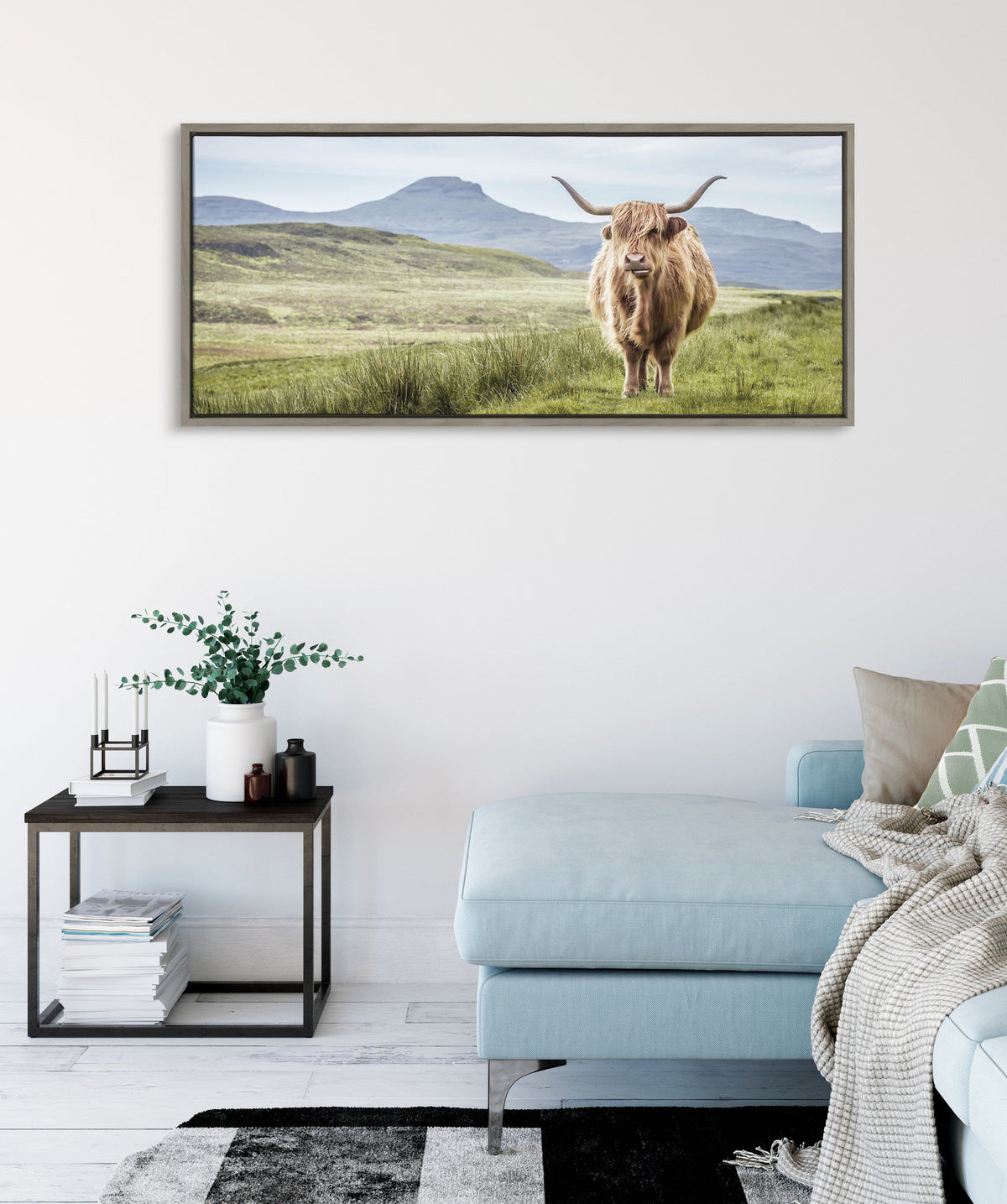Sylvie Highland Cow Mountain Landscape Framed Canvas by The Creative Bunch Studio
