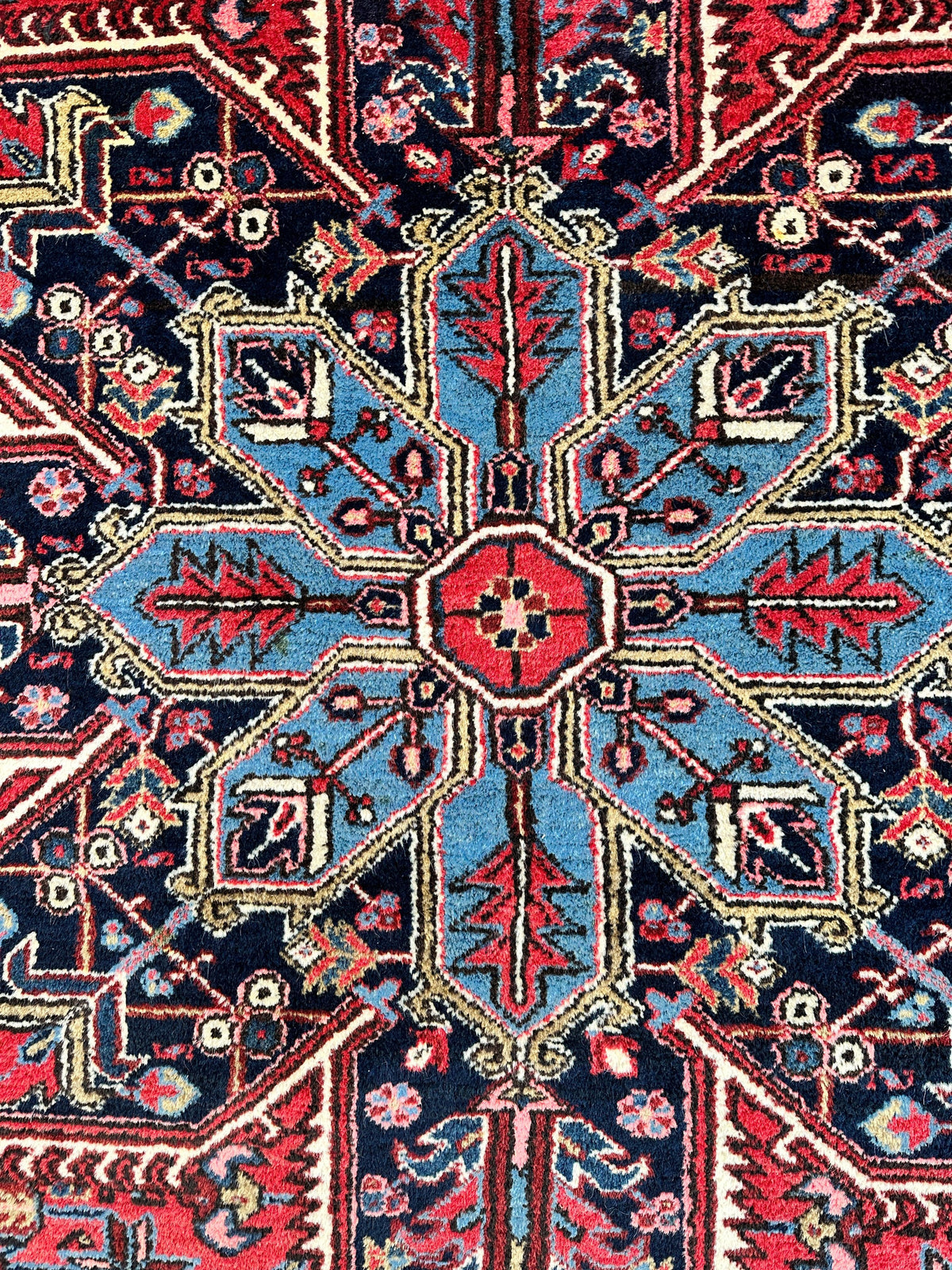 Vintage Persian Heriz Rug 9x12 | Red, Ivory & Navy | Hand-Knotted Wool - Rugistan, view 7