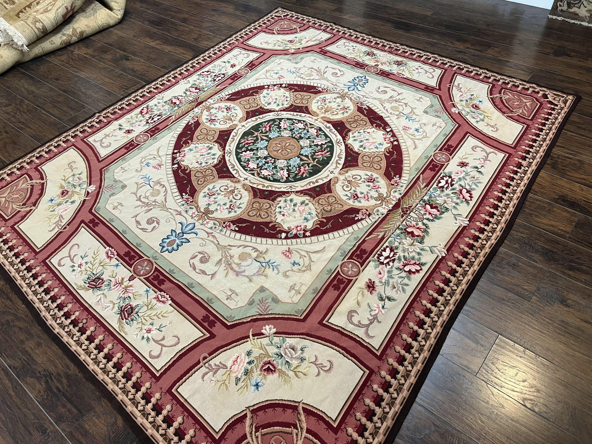 Needlepoint Rug 7.9 x 9, Beige Maroon Rose, Handmade Handwoven Flatweave Aubusson Savonnerie French European Elegant Carpet, Wool Rug - Jewel Rugs, view 3