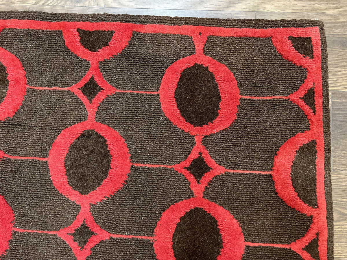 Modern Tibetan Rug 3.8 x 5.7, Raspberry Red and Dark Brown, Abstract Circle Design, Hand Knotted, Soft Wool Handmade Tibet Nepali Carpet 4x6 - Jewel Rugs, view 8