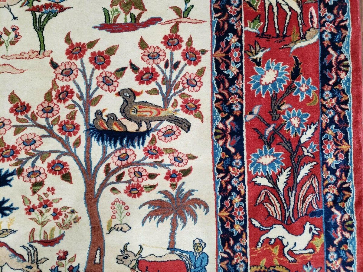 Antique Persian Isfahan Rug 5x7, Animal and Human Pictorials, Hand Knotted Fine Oriental Wool Carpet, Cream and Red, High KPSI, Vintage Rug 5 x 7 ft - Jewel Rugs, view 12