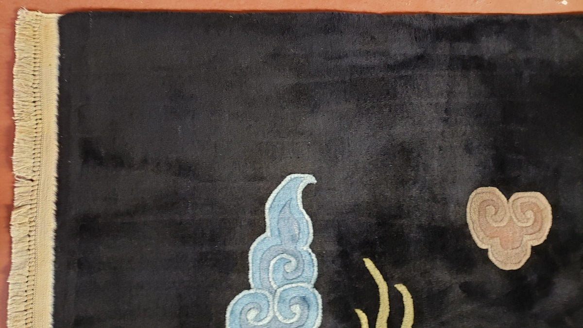 Rare Antique Chinese Art Deco Rug 6x9 with Dragon, Black Chinese Carpet 6 x 9, Hand Knotted Wool Area Rug - Jewel Rugs, view 8