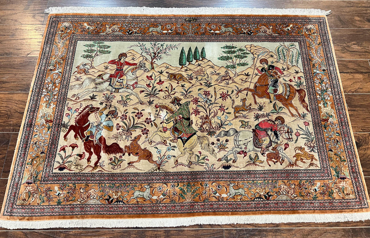 Silk Persian Qum Rug 3x5, Hunting Pattern, Handmade Vintage Carpet, Signed by Master Weaver, Horsemen Pictorials, Super Fine 650 KPSI - Jewel Rugs