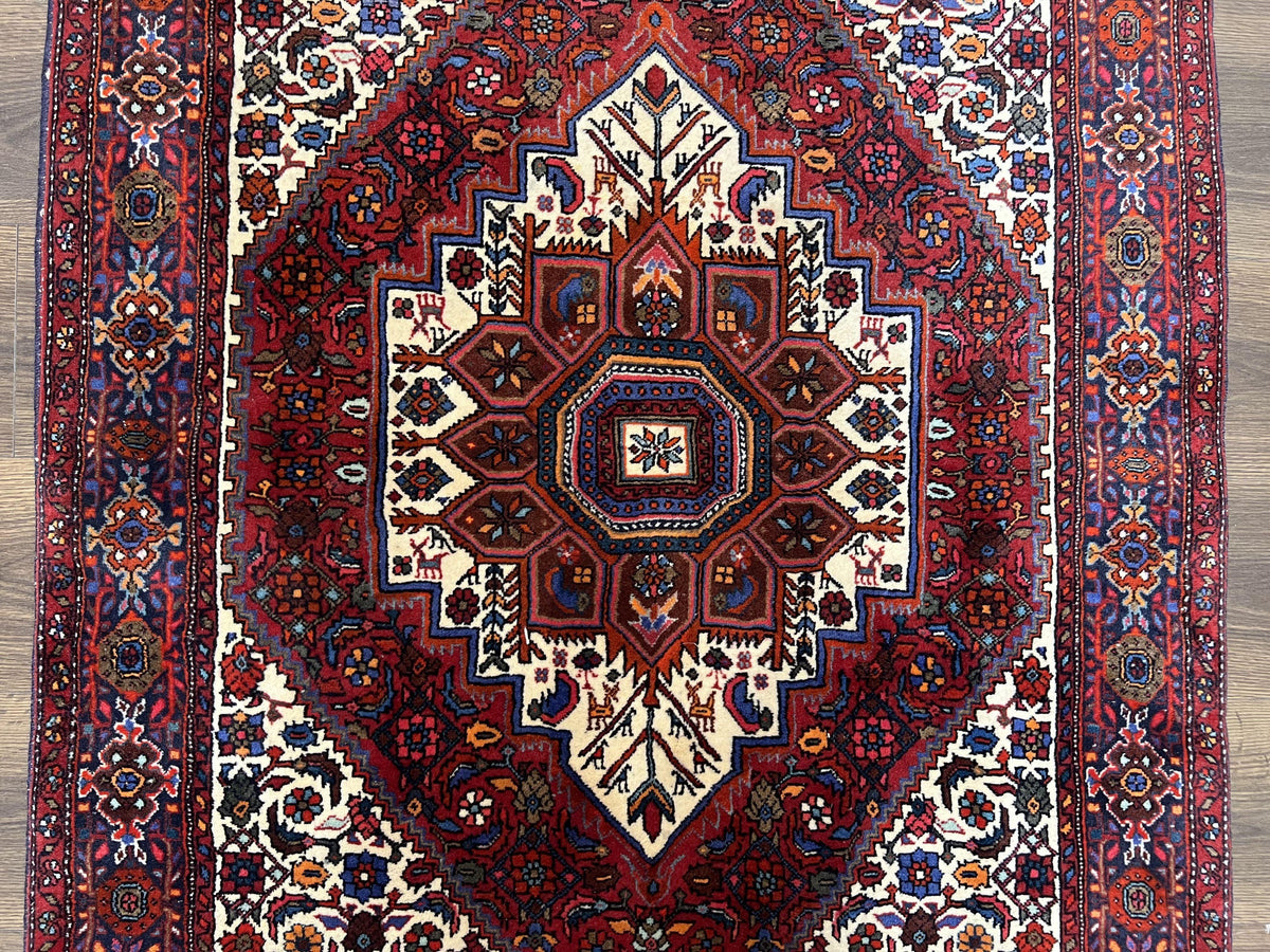 Fine Persian Bidjar Rug 3x5, Geometric Medallion Oriental Bijar Carpet 3 x 5 ft, Ruby Red and Cream, Hand Knotted Wool Rug, Semi Antique Tribal Rug, Nice - Jewel Rugs, view 5