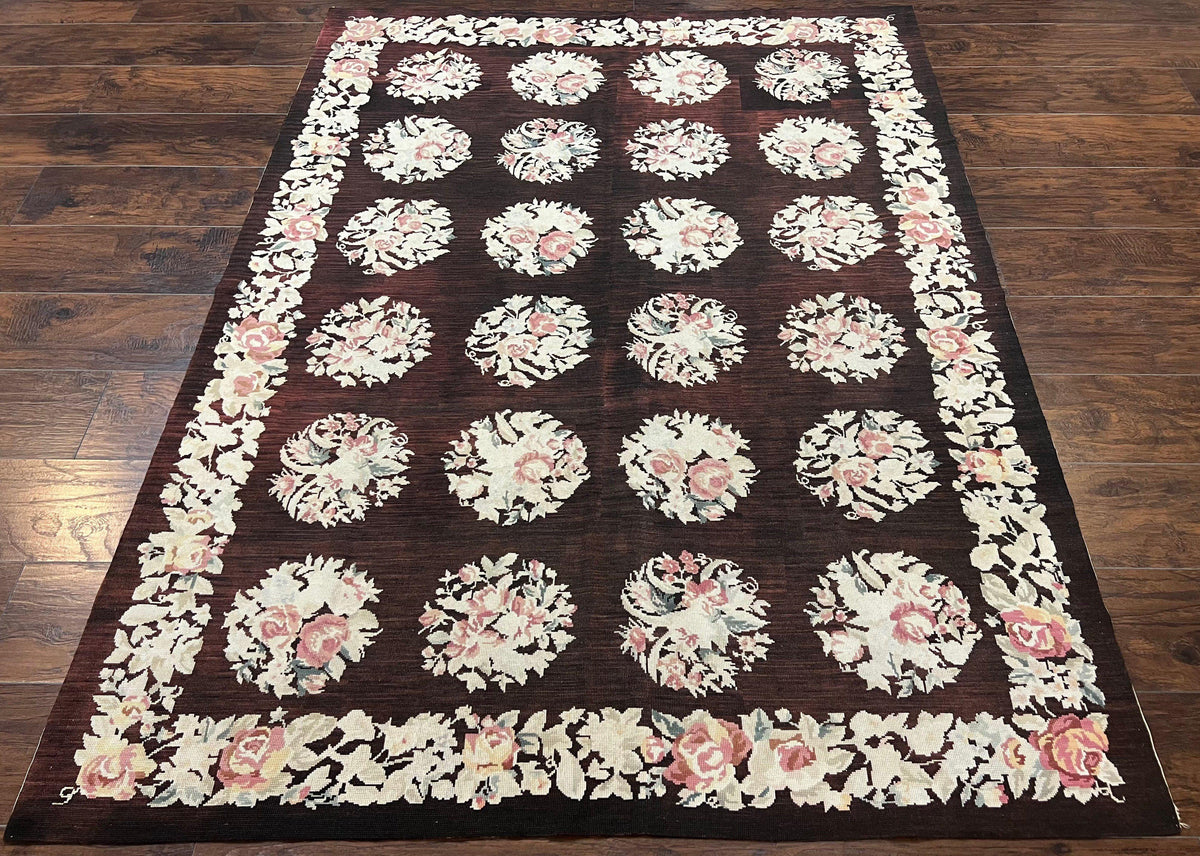Floral Needlepoint Rug 5x7, Repeated Floral Motifs, Eggplant Color, Handmade Wool Vintage Needlepoint Area Rug 5 x 7 ft, Flatweave Rug - Jewel Rugs, view 2