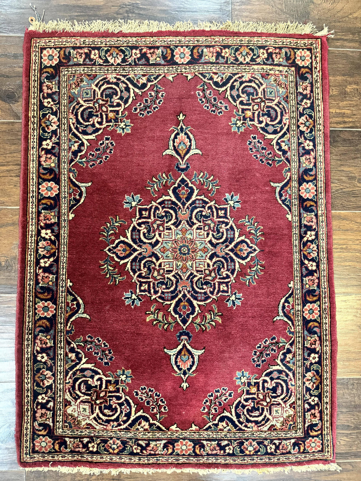 Small Persian Kashan Rug 2x3, Red and Navy Blue, Handmade Vintage Wool Semi Antique Persian Carpet, Semi Open Field - Jewel Rugs, view 2