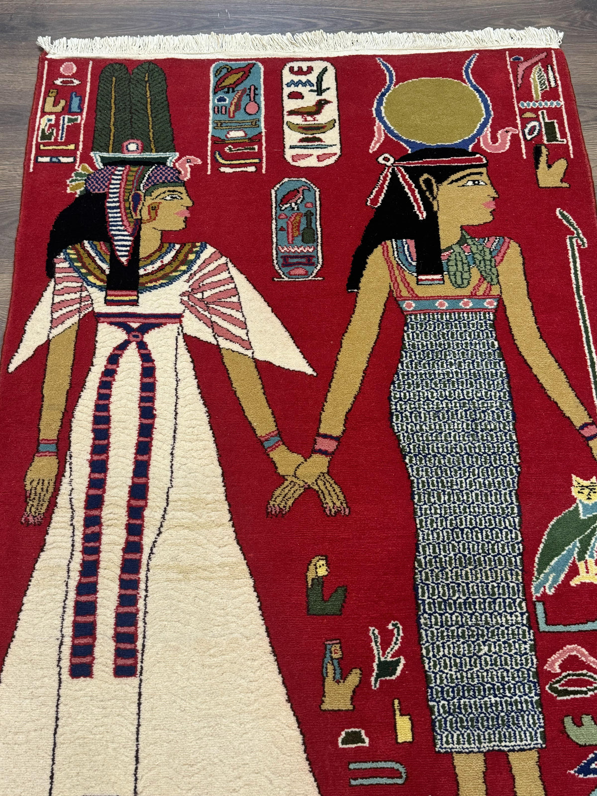 Egyptian Pictorial Rug 3x4, Hieroglyphic Pictorial Rug, Egyptian Prince and Princess, Cleopatra, Vintage Handmade, Red - Jewel Rugs, view 5