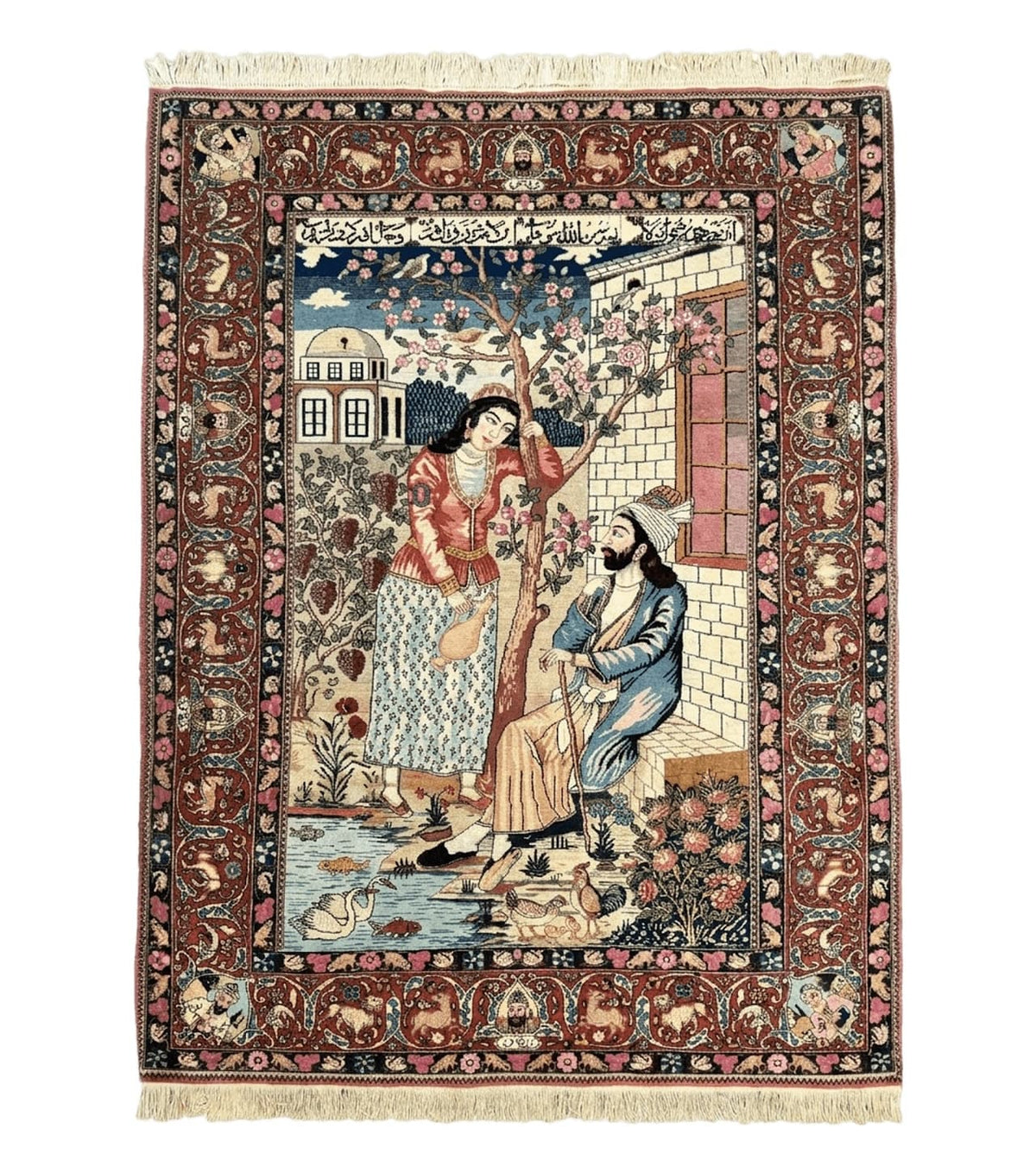 Wonderful Persian Kashan Pictorial Rug 4.7 x 6.5, Persian Rug for Wall Hanging, Handmade Antique Wool Carpet Animal Motifs Poetry Lovers, 240 KPSI - Jewel Rugs