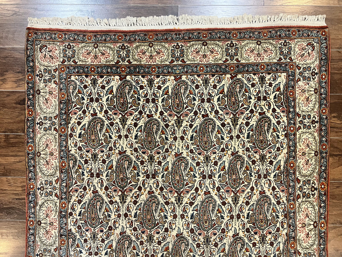 Persian Qum Rug 5x6, Cream Wool Hand Knotted Carpet, Repeated Boteh Paisely Design, Semi Antique Vintage Rug, Very Fine Weave 5 x 6 Rug - Jewel Rugs, view 13