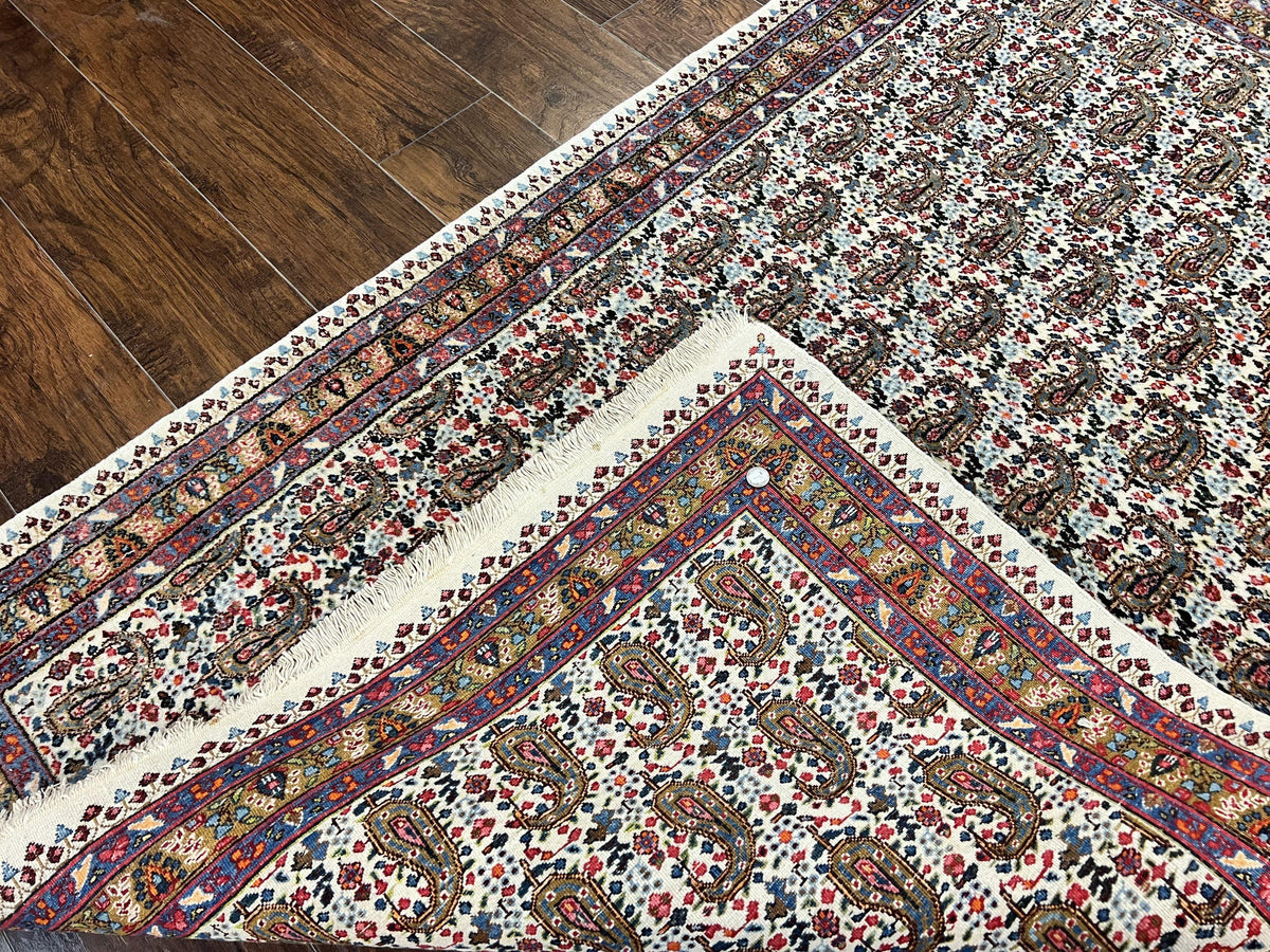 Persian Rug 4x6, Mashad Kashmar Rug, Boteh Paisley Design, Allover Repeated Pattern, Ivory Hand Knotted Vintage Semi Antique Persian Oriental Carpet - Jewel Rugs, view 11