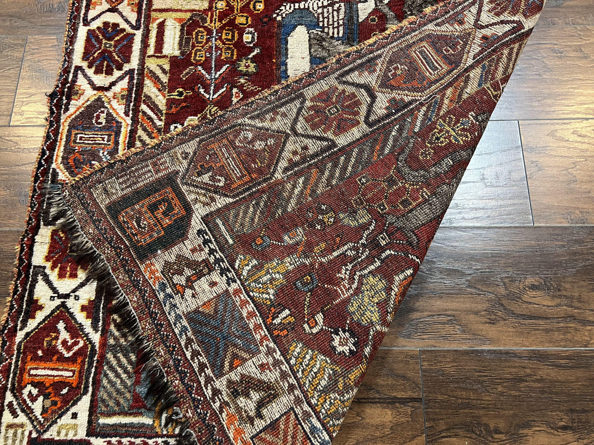 Antique Persian Shiraz Pictorial Rug 3.6 x 5, Persian Tribal Rug, Handmade, Lions, Highly Unique Collectible Small Persian Carpet, Maroon, Wool - Jewel Rugs, view 11