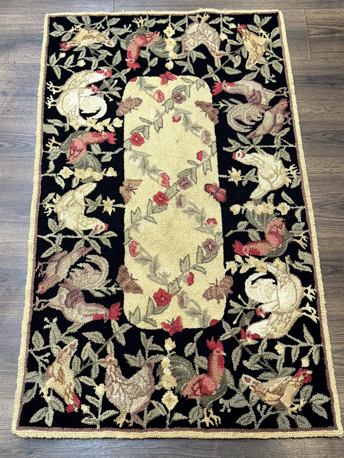 Small Vintage Hooked Rug, Roosters, Handmade, Wool - Jewel Rugs, view 2