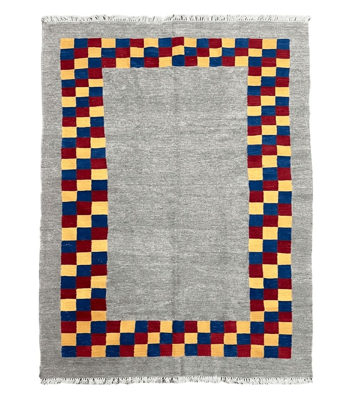 Gray Kilim Carpet, Yellow, Red, Blue Checkerboard Pattern, Flatweave, New, Geometric, Hand-Knotted, Wool, Turkish Area Rug, 5' 9" x 7' 9" - Jewel Rugs