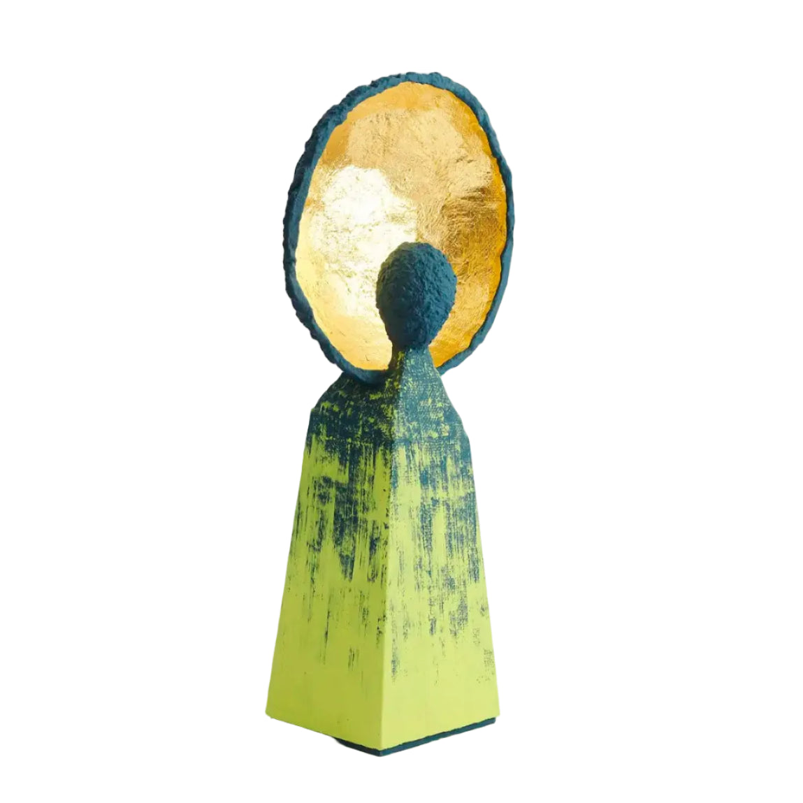 A sculptural table lamp with a textured, organic-shaped gold-toned top and a tapered base featuring a yellow-to-teal gradient with distressed blue-green brushstrokes, shown against a plain light gray background.