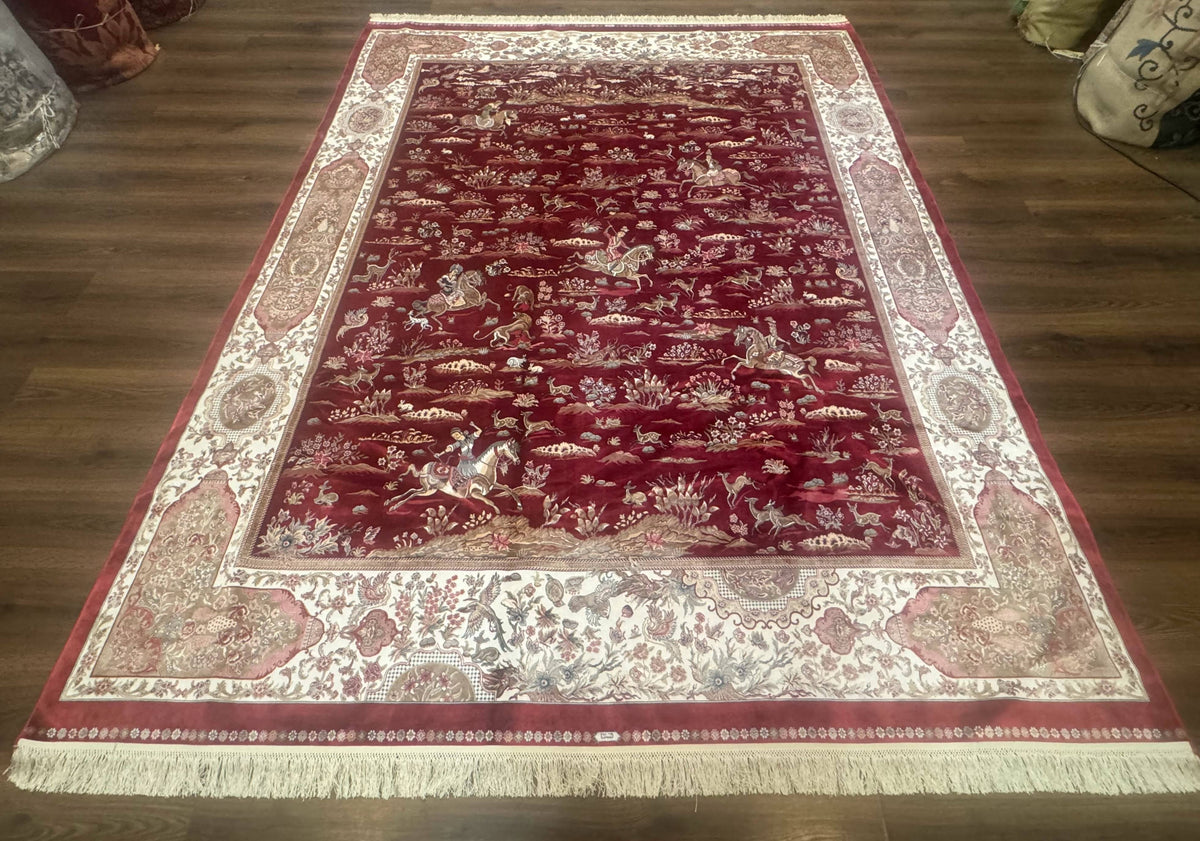 Turkish Silk Rug 8x10, Red & Ivory, Hunting Design, Bamboo Silk, New - Jewel Rugs, view 2