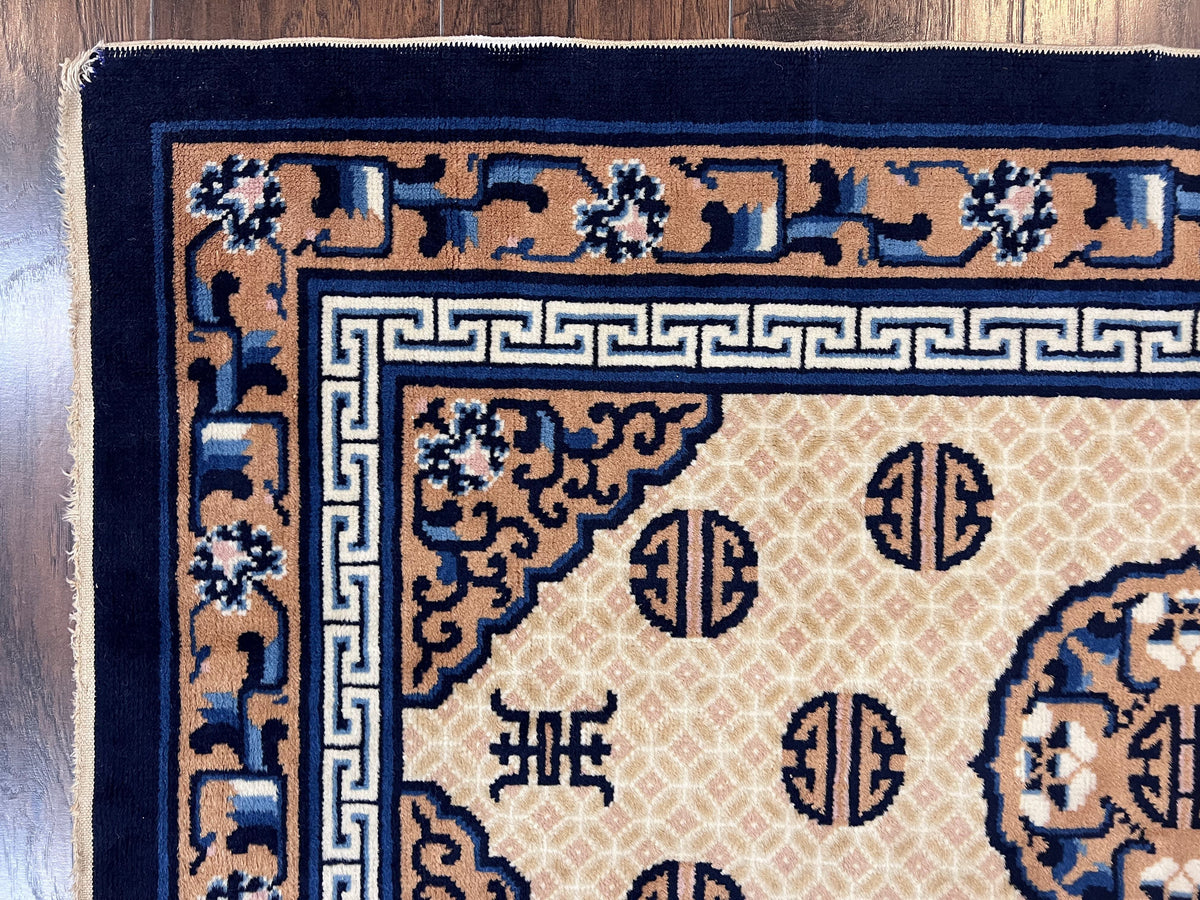 Chinese Peking Rug 3x5, Antique Chinese Art Deco Carpet, Blue Ivory Tan, Hand Knotted Wool Asian Oriental Rug 3 x 5 Vintage Small Peking Rug - Jewel Rugs, view 6