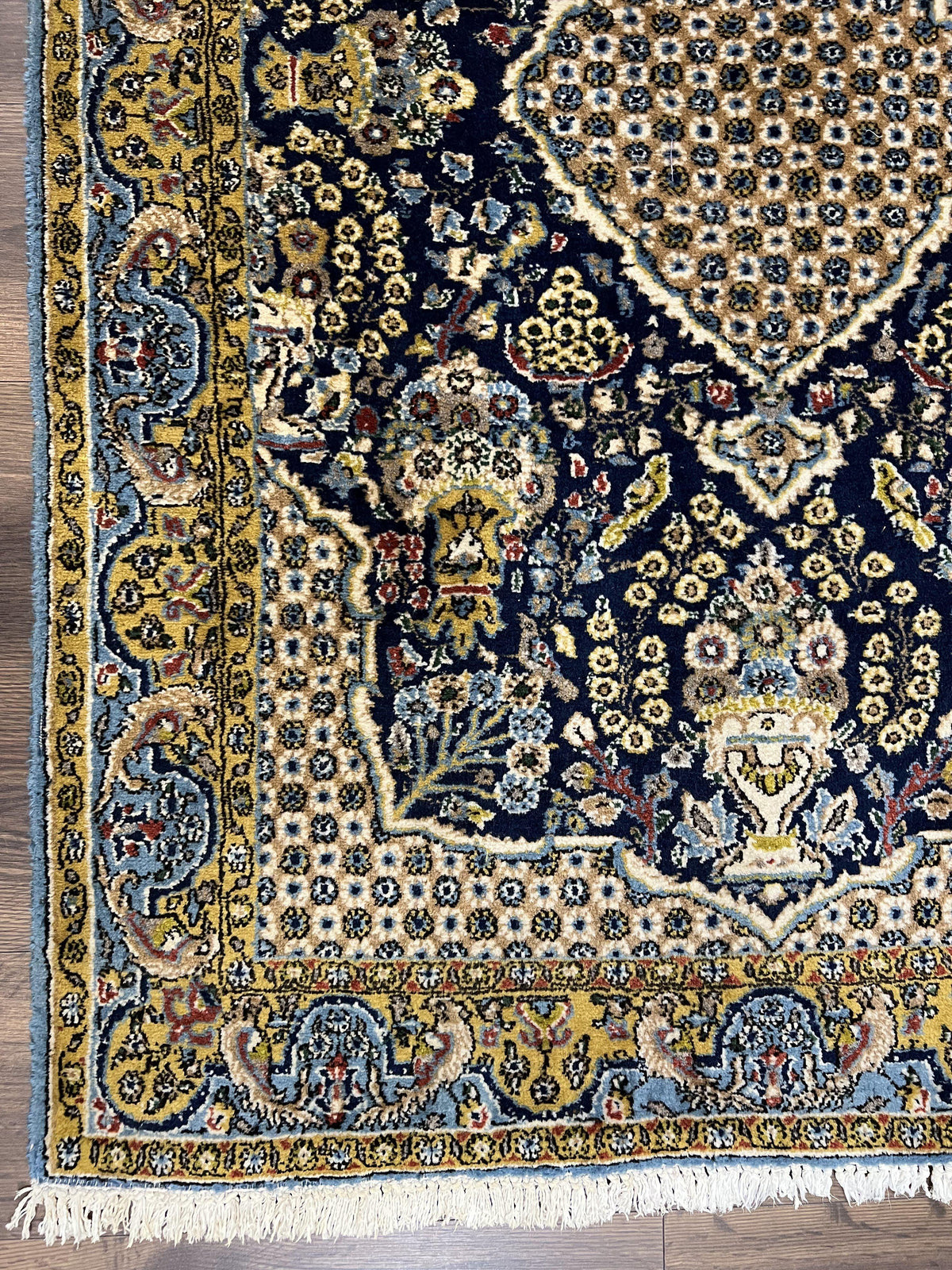Fine Persian Qum Rug 3x5, Semi Antique Vintage Oriental Ghom Carpet, Floral Medallion, Highly Detailed, Hand Knotted, Navy Blue, Wool Area Rug, Birds - Jewel Rugs, view 9
