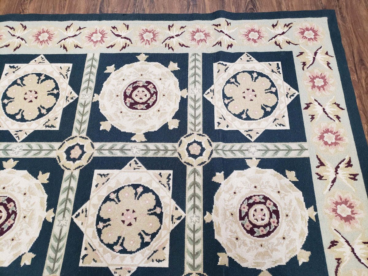 Vintage Chinese Needlepoint Rug 6x9, Panel Design Area Rug Wool Hand-Woven Black & Ivory Carpet Flat Weave Bedroom Rug 6 x 9 Living Room Rug - Jewel Rugs, view 8