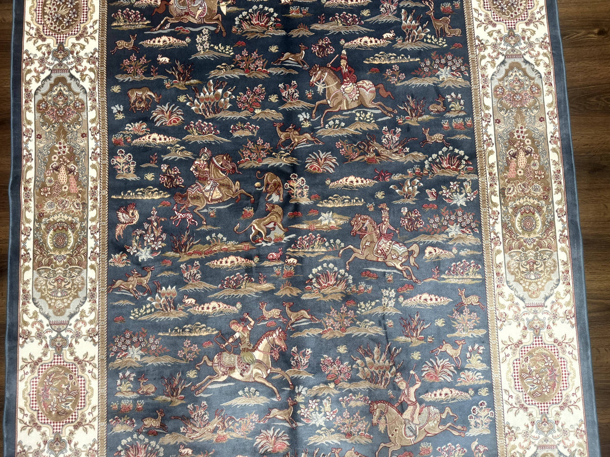 Turkish Silk Rug 5x8, Hunting Design, Animal Pictorials, Steel Blue & Ivory, Bamboo Silk - Jewel Rugs, view 7