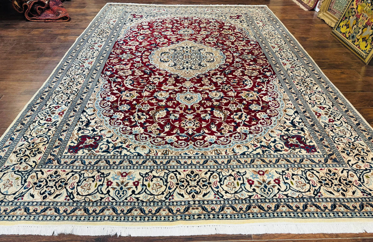 Persian Nain Rug 8x11, Wool and Silk Highlights, Burgundy & Ivory - Jewel Rugs, view 2