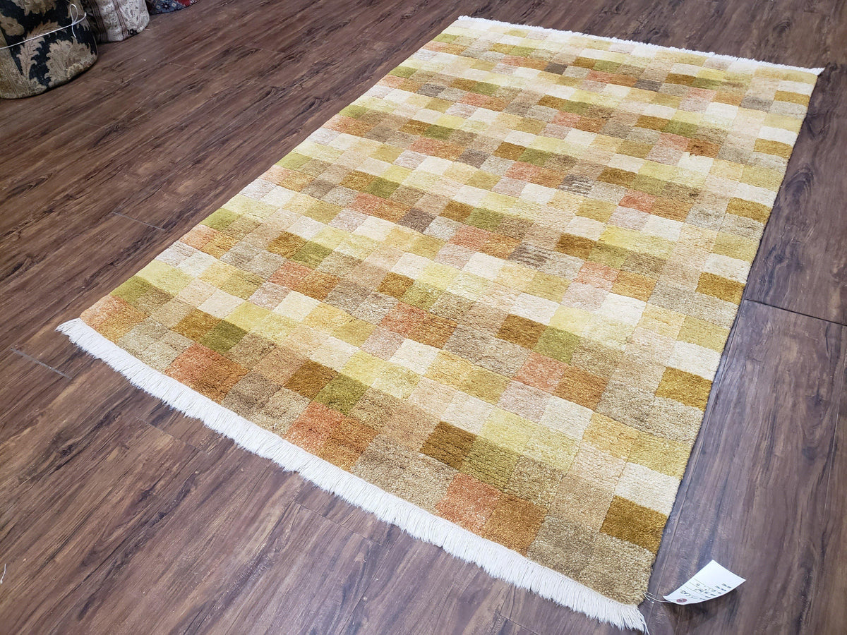 4x6 Tibetan Rug, Modern Abstract Handmade Area Rug, Checkerboard Pattern, Neutral Ivory Gold Tan Colors, Soft Pile, Mid Sized Rug, Nepali - Jewel Rugs, view 3