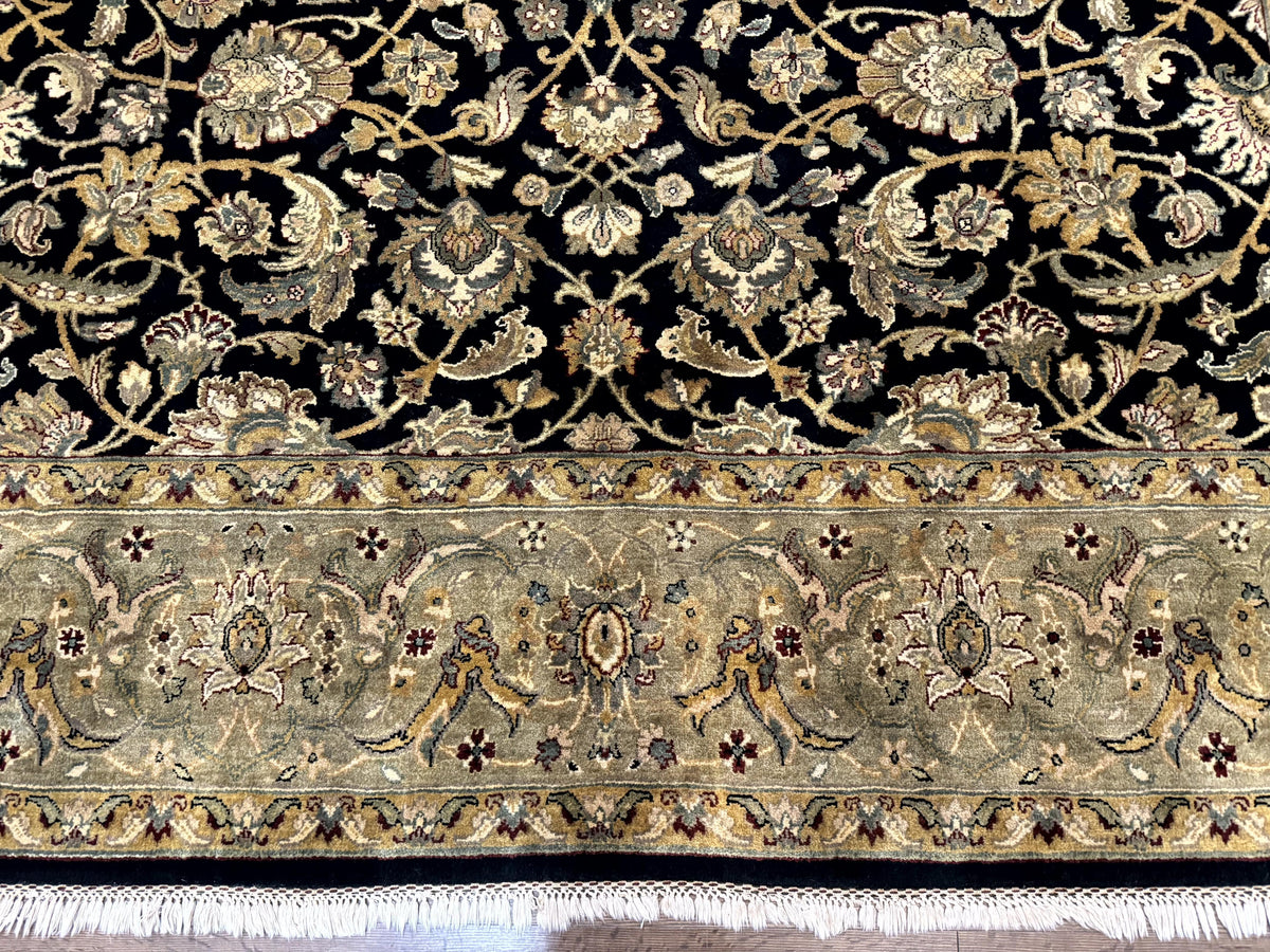 Indo Persian Rug 8x10, Black and Green, Wool, Handmade, Traditional, Floral Allover, Vintage - Jewel Rugs, view 6