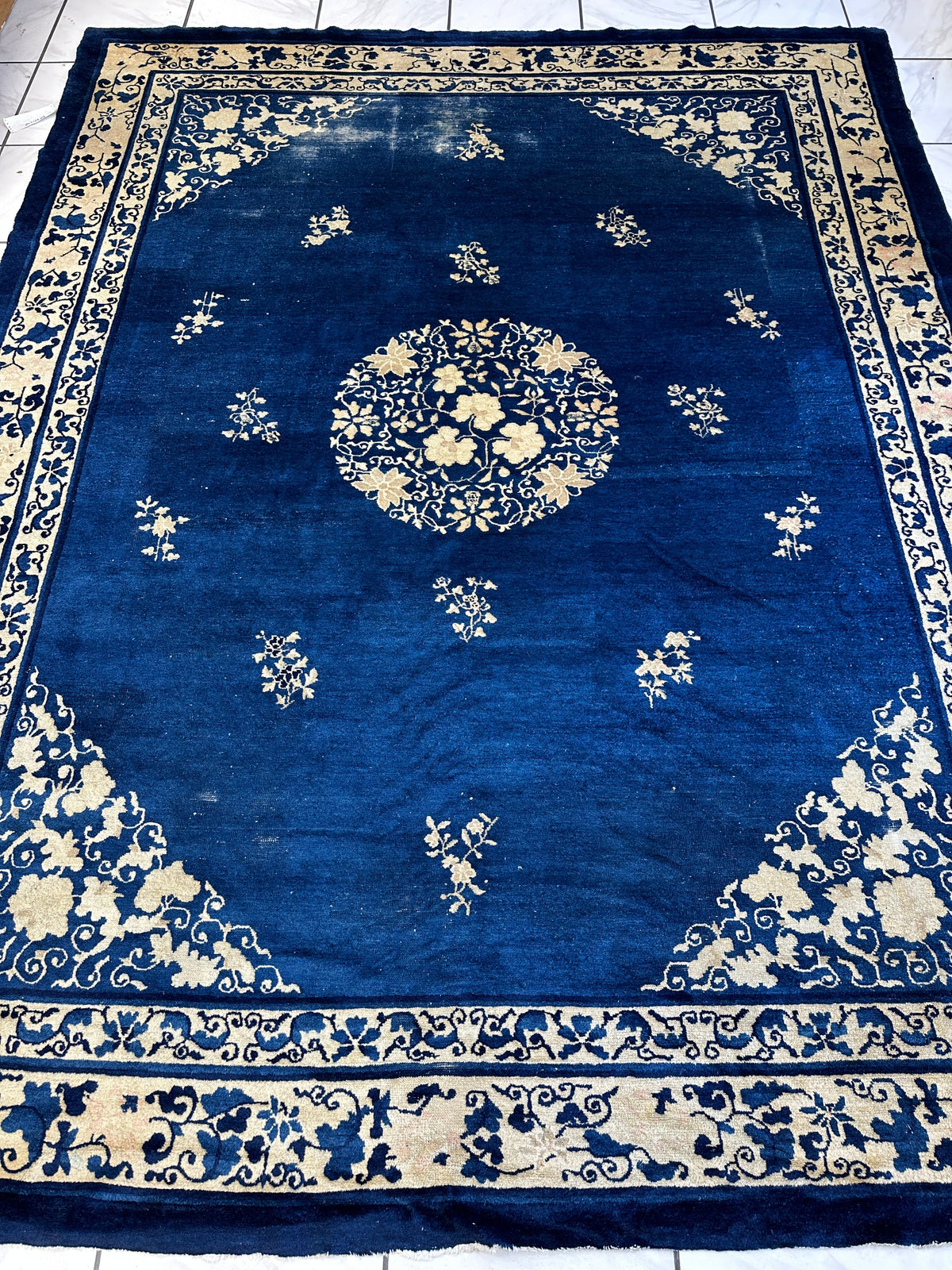 Antique Chinese Rug 9x12 | Blue, Ivory & Navy | Hand-Knotted Wool - Rugistan, view 2